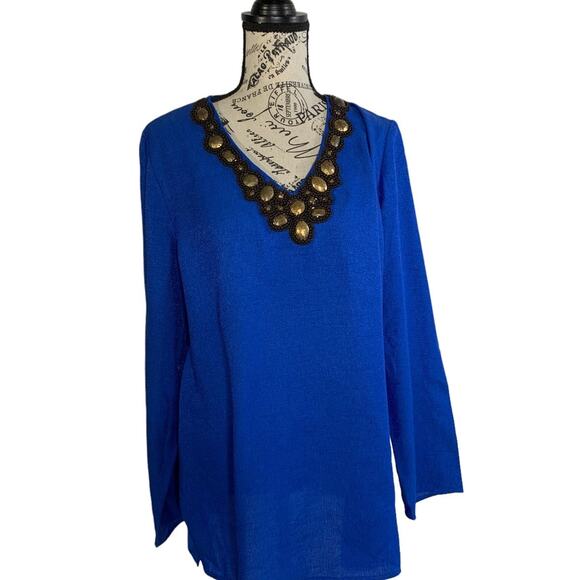 Jones New York Blouse Women’s Large V-Neck Bead Trim Long Sleeve Cobalt Blue NEW - Picture 1 of 10